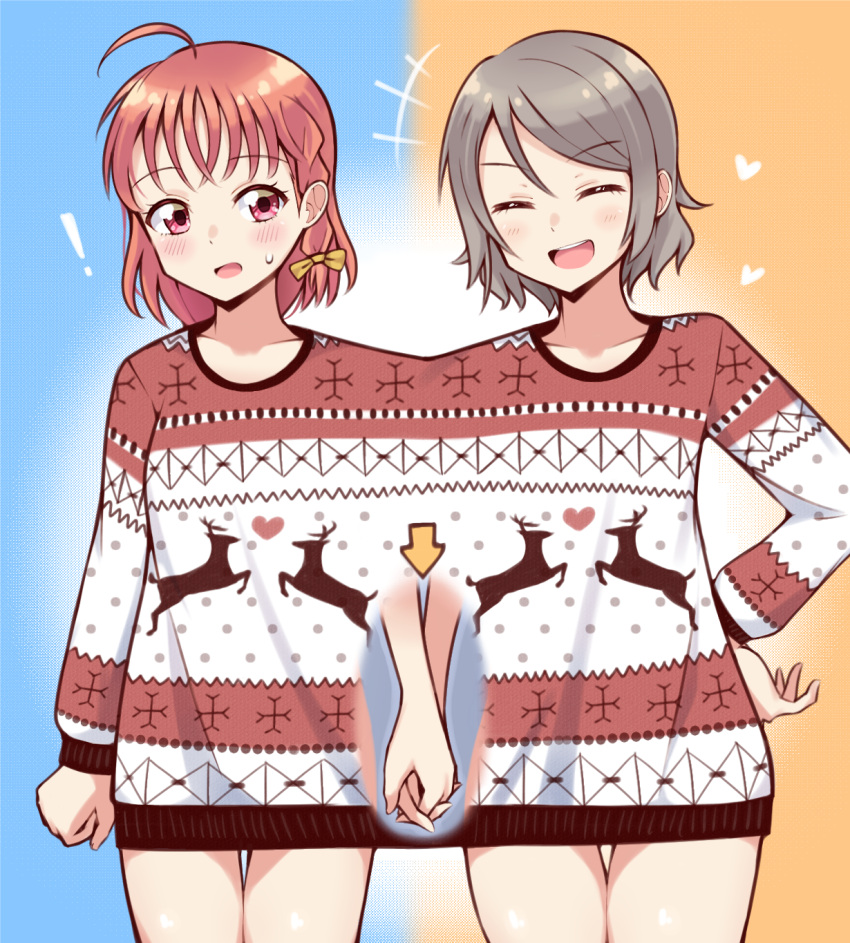 !, +++, 2girls, :d, ahoge, bangs, blue_background, blush, bow, braid, ceph_(greatyazawa1819), clenched_hand, commentary, cowboy_shot, directional_arrow, english_commentary, grey_hair, hair_bow, hand_holding, hand_on_hip, heart, highres, long_sleeves, love_live!, love_live!_sunshine!!, multiple_girls, naked_sweater, open_mouth, orange_background, orange_hair, red_eyes, reindeer_print, shared_clothes, shared_sweater, short_hair, side_braid, smile, sweatdrop, sweater, takami_chika, thigh_gap, two-tone_background, v-shaped_eyebrows, watanabe_you, x-ray, yellow_bow, yuri