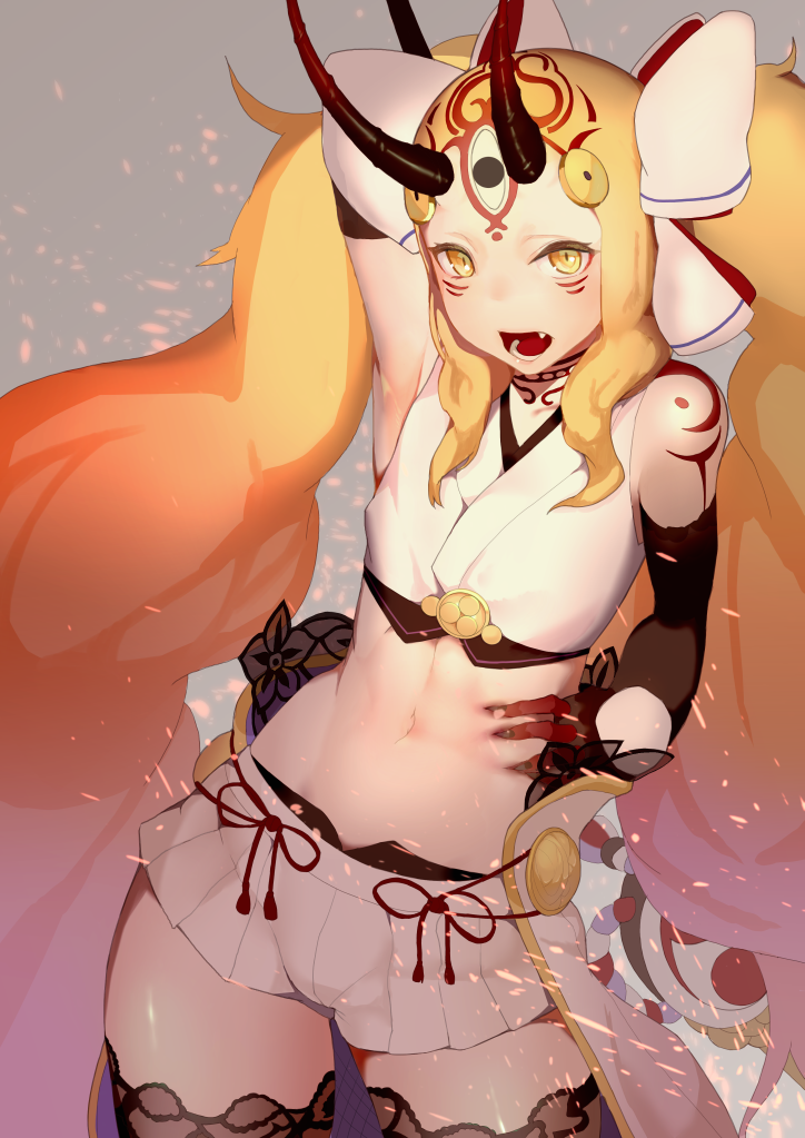 1girl, black_gloves, black_legwear, blonde_hair, bow, commentary_request, elbow_gloves, facial_mark