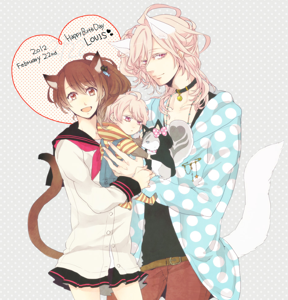 1boy, 1girl, animal, animal_ears, asahina_louis, baby, birthday, brothers_conflict