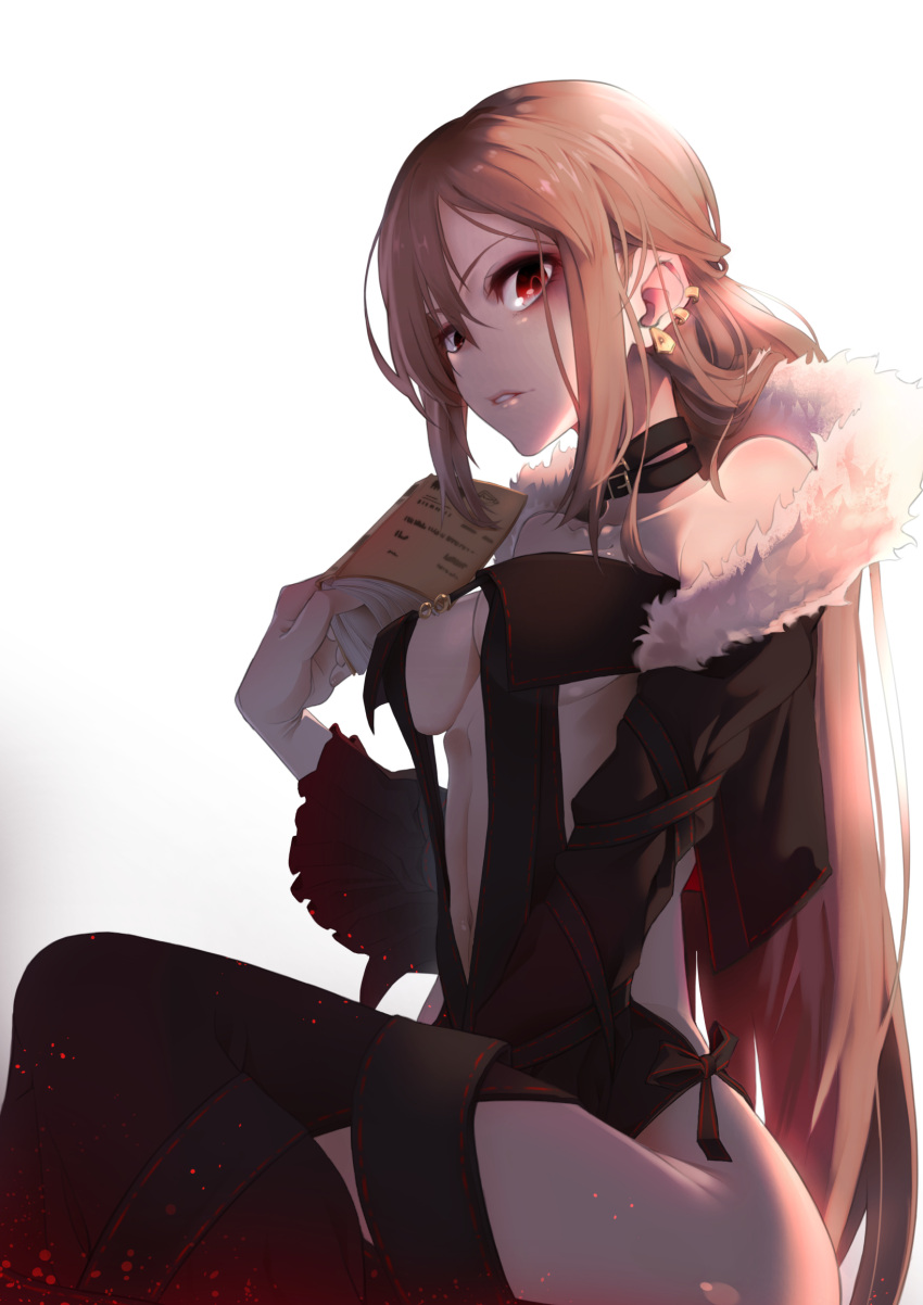 1girl, bangs, bare_shoulders, black_dress, book, breasts, brown_hair, center_opening