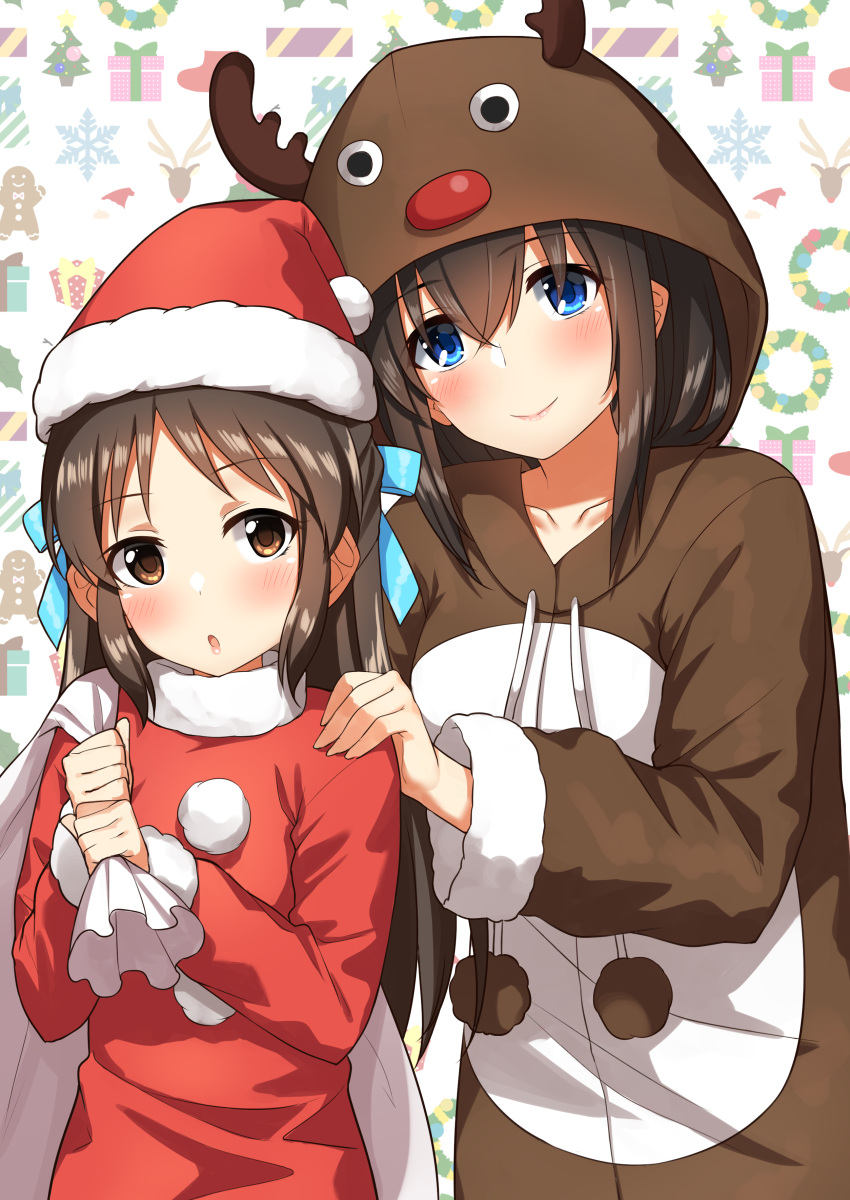 2girls, absurdres, animal_hood, aqua_bow, bangs, blue_eyes, blush, bow