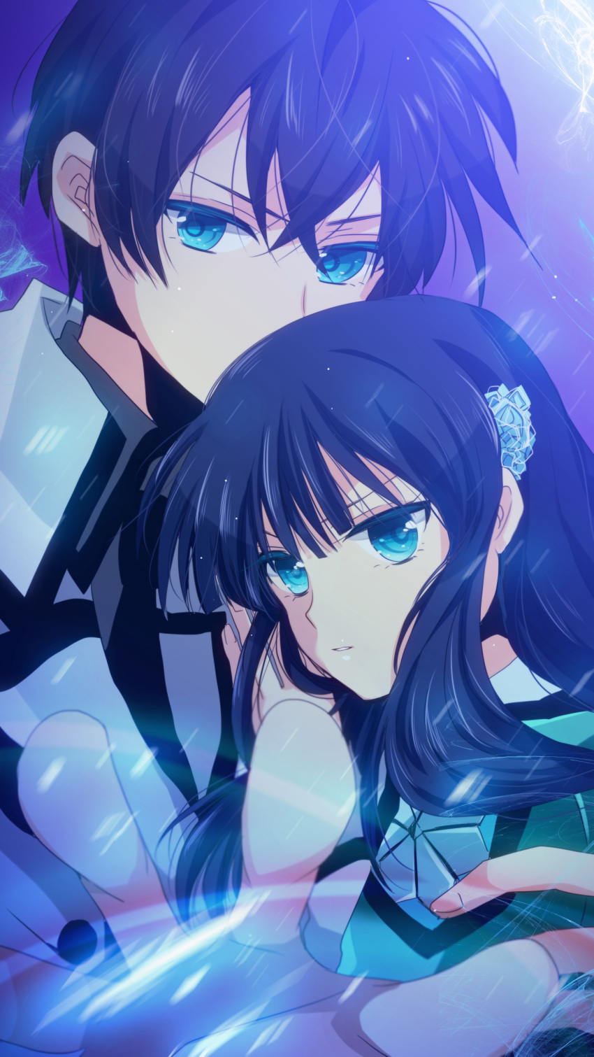 1boy, 1girl, absurdres, arm_around_shoulder, bangs, black_hair, blue_eyes, brother_and_sister