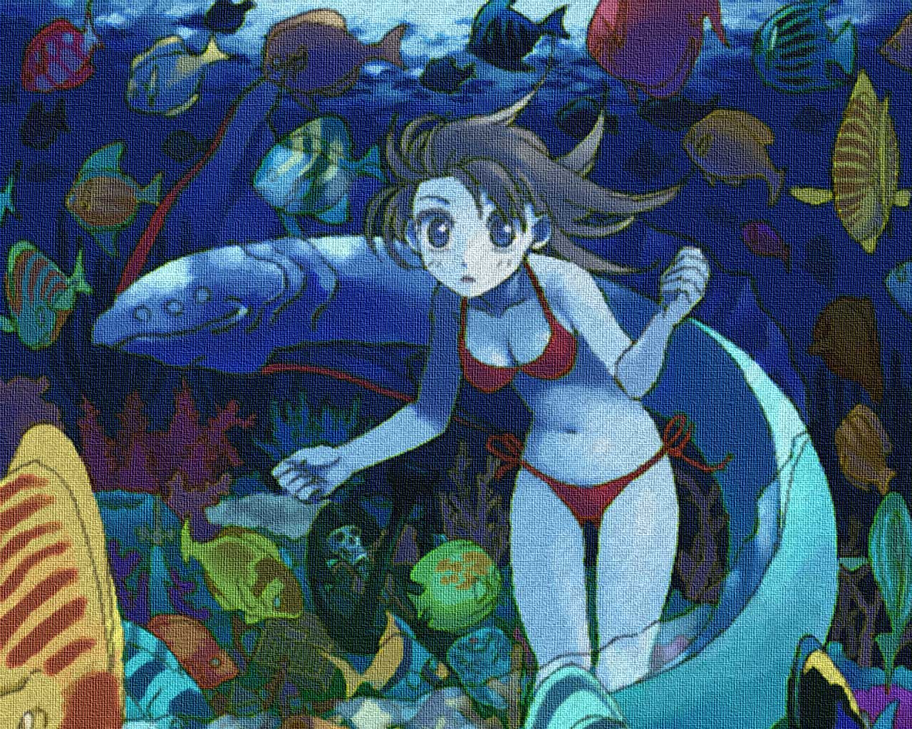 1280x1024, bikini, blue_eyes, brown_hair, coral, corals, eel, eels