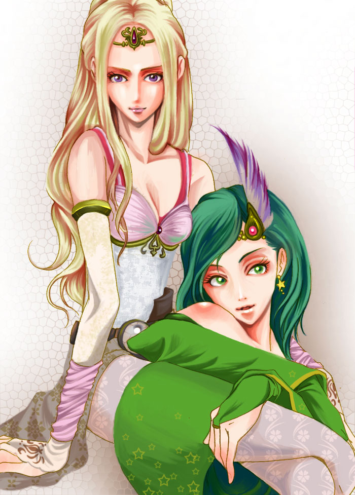blonde_hair, breasts, bridal_gauntlets, circlet, cleavage, detached_sleeves, feathers, final_fantasy, final_fantasy_iv, green_eyes, green_hair, long_hair, pantyhose, purple_eyes, rosa_farrell, rydia, violet_eyes, yattuke, yattuke2943
