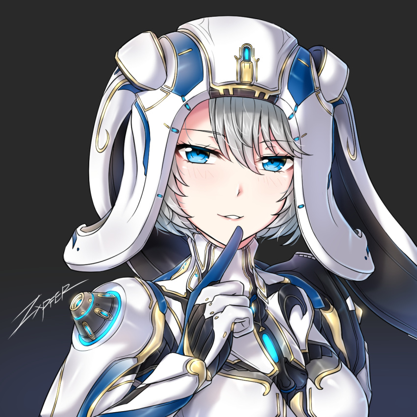 1girl, alternate_costume, blue_eyes, bodysuit, commentary, eyebrows_visible_through_hair, finger_to_mouth, hair_between_eyes