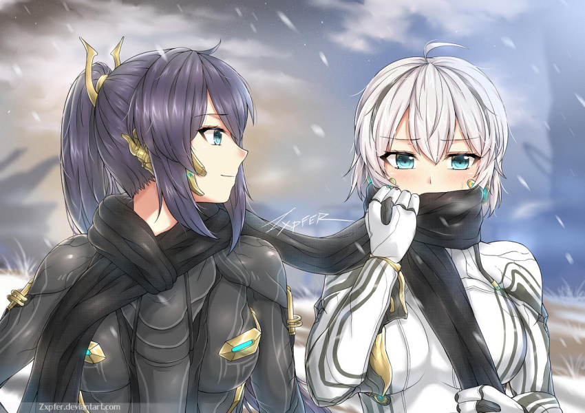 2girls, ahoge, bangs, blue_eyes, blush, bodysuit, breasts, closed_mouth