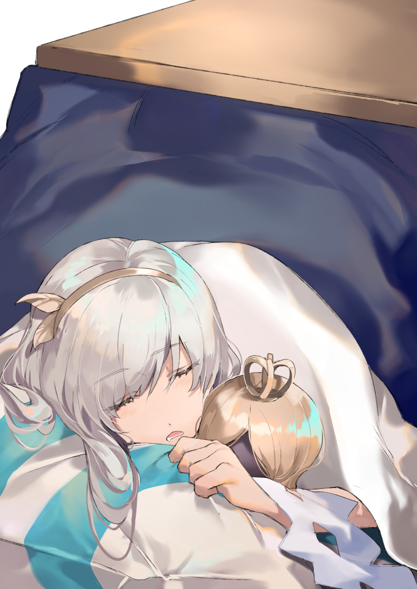 1girl, absurdres, anastasia_(fate/grand_order), cushion, doll, drooling, fate/grand_order, fate_(series)