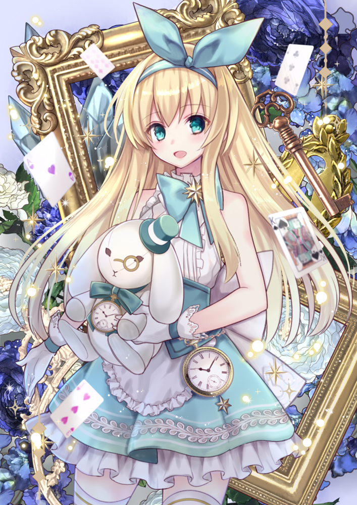 1girl, :d, apron, bangs, bare_arms, bare_shoulders, blonde_hair, blue_eyes, blue_hat, blue_ribbon, blue_skirt, card, clover, cowboy_shot, diamond_(shape), doll, flower, frilled_apron, frilled_shirt, frills, gloves, hairband, hat, heart, holding, holding_doll, key, king_of_spades, lace, lace-trimmed_gloves, layered_skirt, legs_apart, long_hair, looking_at_viewer, mini_hat, mini_top_hat, miniskirt, monocle, nozomi_fuuten, open_mouth, original, picture_frame, playing_card, pocket_watch, ribbon, rose, shirt, sidelocks, skirt, sleeveless, sleeveless_shirt, smile, solo, spade_(shape), standing, star, stuffed_animal, stuffed_bunny, stuffed_toy, tareme, thigh-highs, tilted_headwear, top_hat, watch, white_apron, white_flower, white_gloves, white_legwear, white_rose, white_shirt, zettai_ryouiki