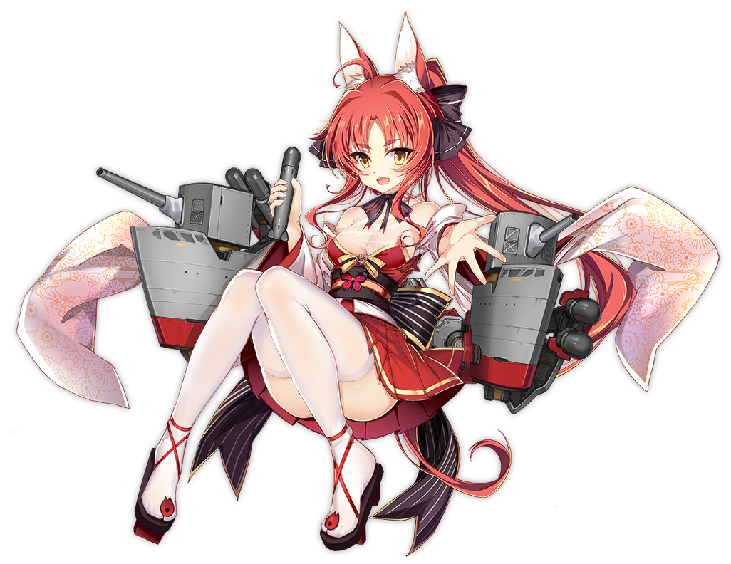 1girl, ahoge, animal_ears, azur_lane, breasts, cannon, cleavage, collarbone, convenient_censoring, fang, fox_ears, fox_tail, full_body, hair_ribbon, japanese_clothes, kimono, long_hair, medium_breasts, naka_(azur_lane), official_art, open_mouth, ponytail, reaching_out, redhead, ribbon, sandals, solo, tail, thigh-highs, torpedo, torpedo_tubes, transparent_background, white_legwear, yellow_eyes, yukata