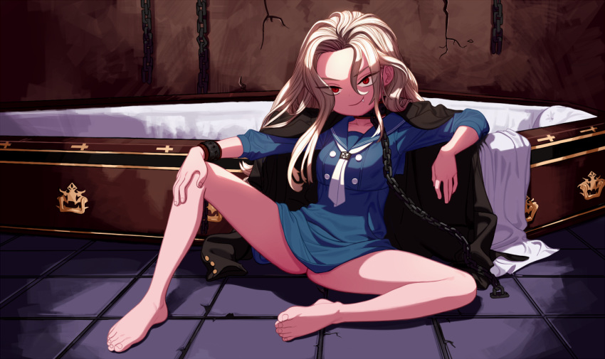 1girl, arm_rest, bare_legs, barefoot, blonde_hair, chain, chained, chains