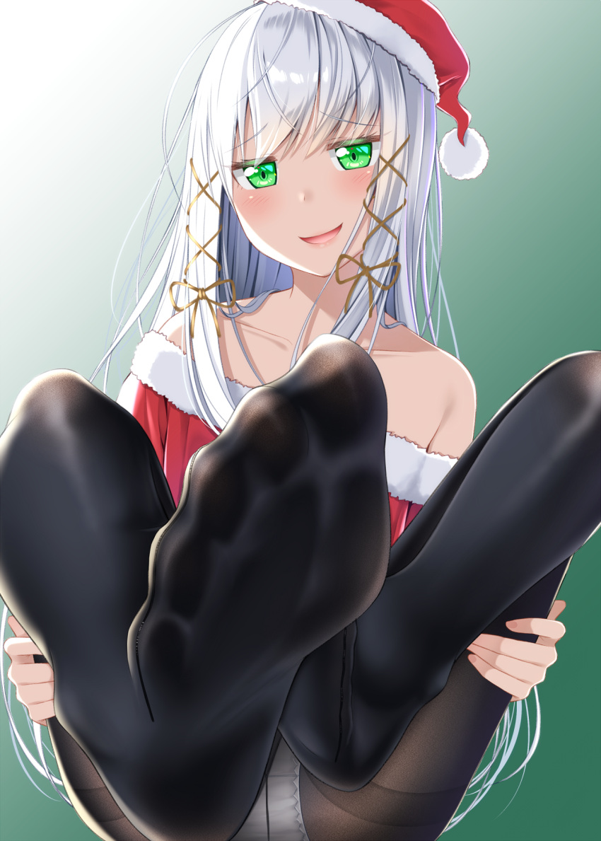 1girl, :d, blush, brown_legwear, eyebrows_visible_through_hair, foreshortening, fur_trim, gradient