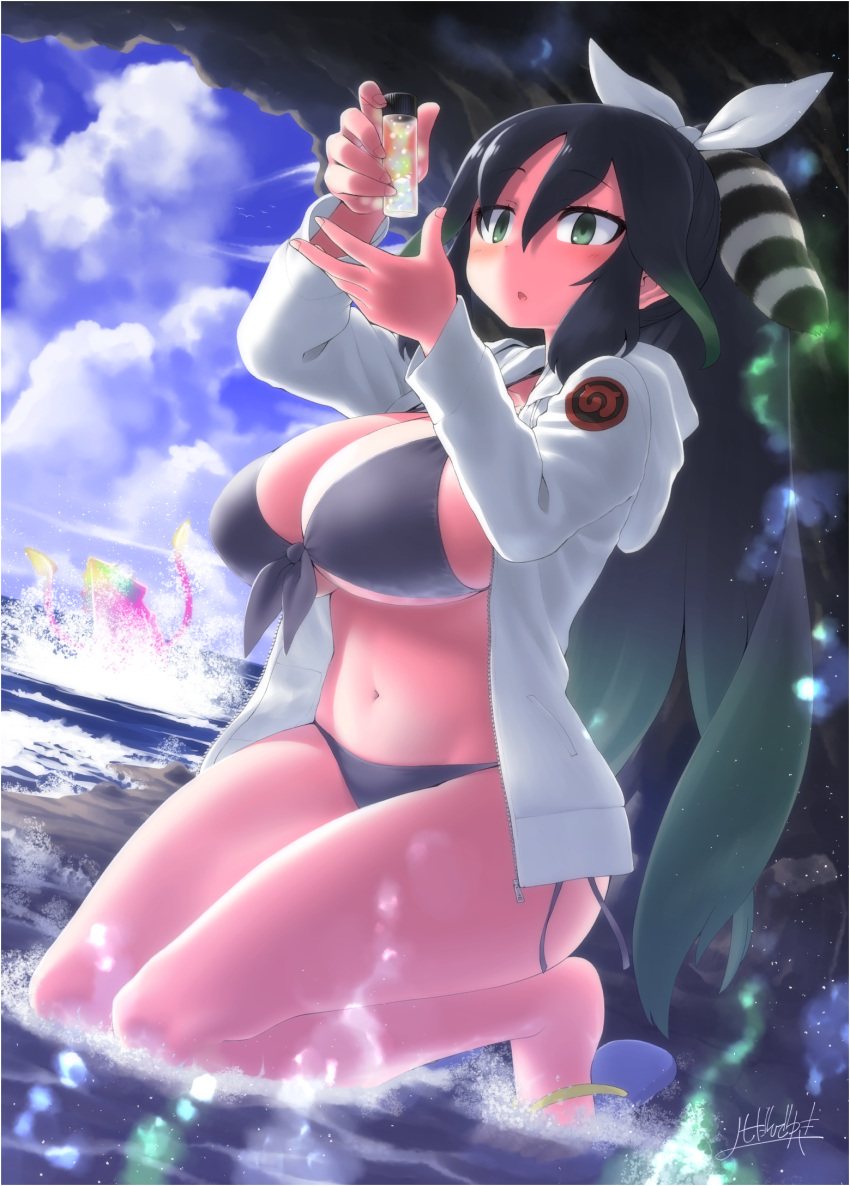 1girl, bare_legs, barefoot_sandals, beaker, bikini, black_bikini, black_hair, black_swimsuit