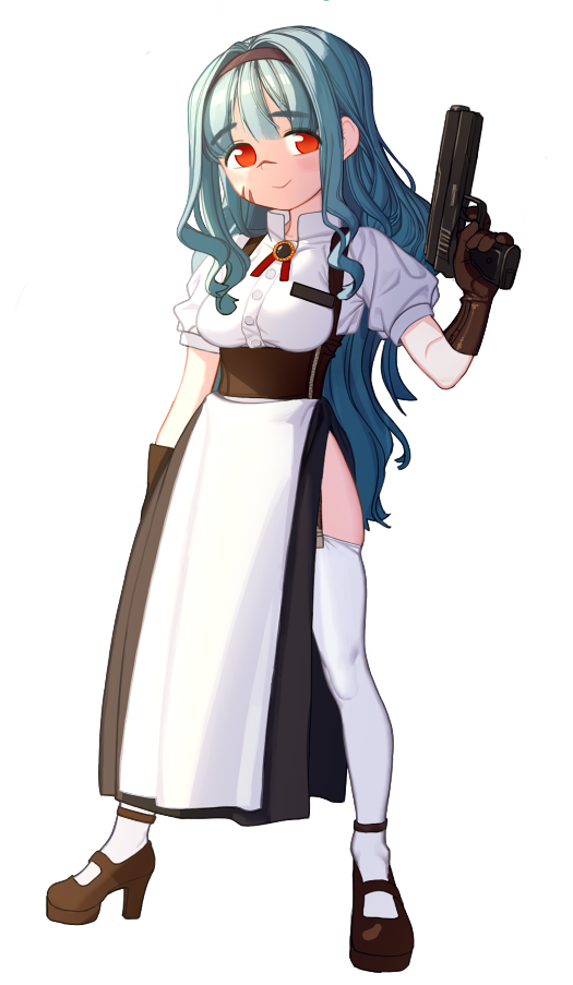 1girl, aqua_hair, eyebrows_visible_through_hair, facial_scar, full_body, garter_straps, gloves, gun