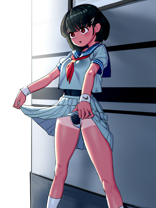 1girl, black_hair, bob_cut, brown_eyes, hair_ornament, hairclip, lifted_by_self, mabera