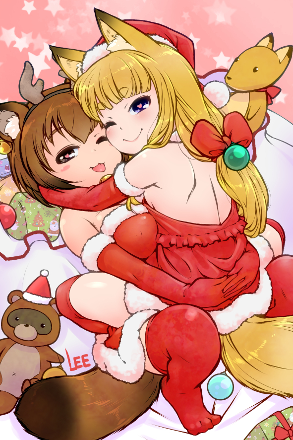 2girls, ;), ;3, ;p, animal_ear_fluff, animal_ears, antlers, artist_name