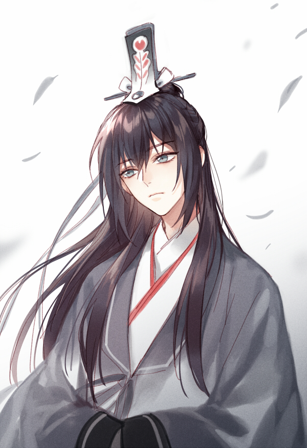 1boy, blurry, blurry_background, brown_hair, closed_mouth, depth_of_field, eyebrows_visible_through_hair, grey_background