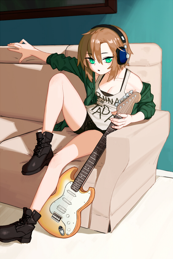 1girl, boots, breasts, brown_hair, cleavage, couch, green_eyes, guitar, headphones, idolmaster, idolmaster_cinderella_girls, instrument, leg_up, mabera, off_shoulder, short_hair, short_shorts, shorts, sitting, solo, tada_riina, tank_top