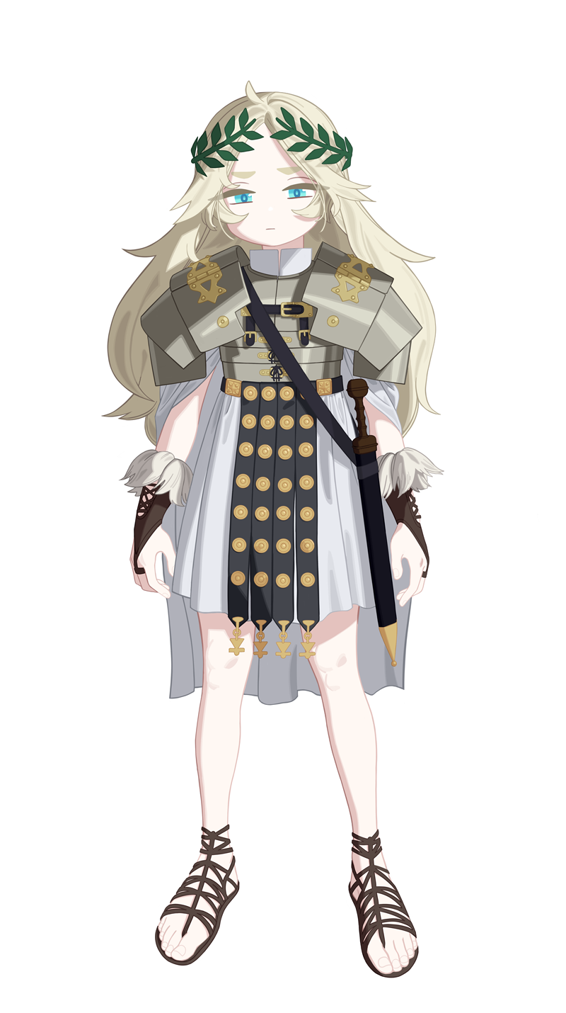 1girl, armor, blonde_hair, blue_eyes, full_body, gladius, highres, laurel_crown, long_hair, mabera, original, roman_clothes, roman_empire, sandals, scabbard, sheath, sheathed, solo, toga, white_background