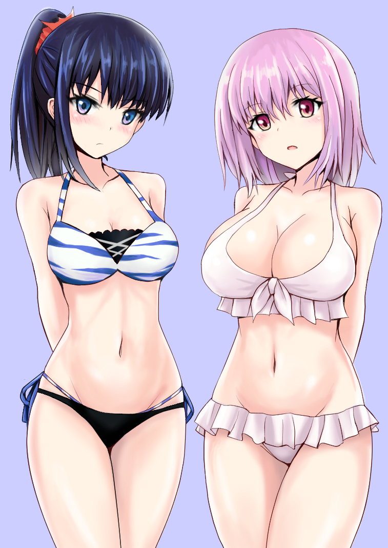 2girls, animal_print, arms_behind_back, bangs, bikini, black_bikini, black_hair, blue_eyes