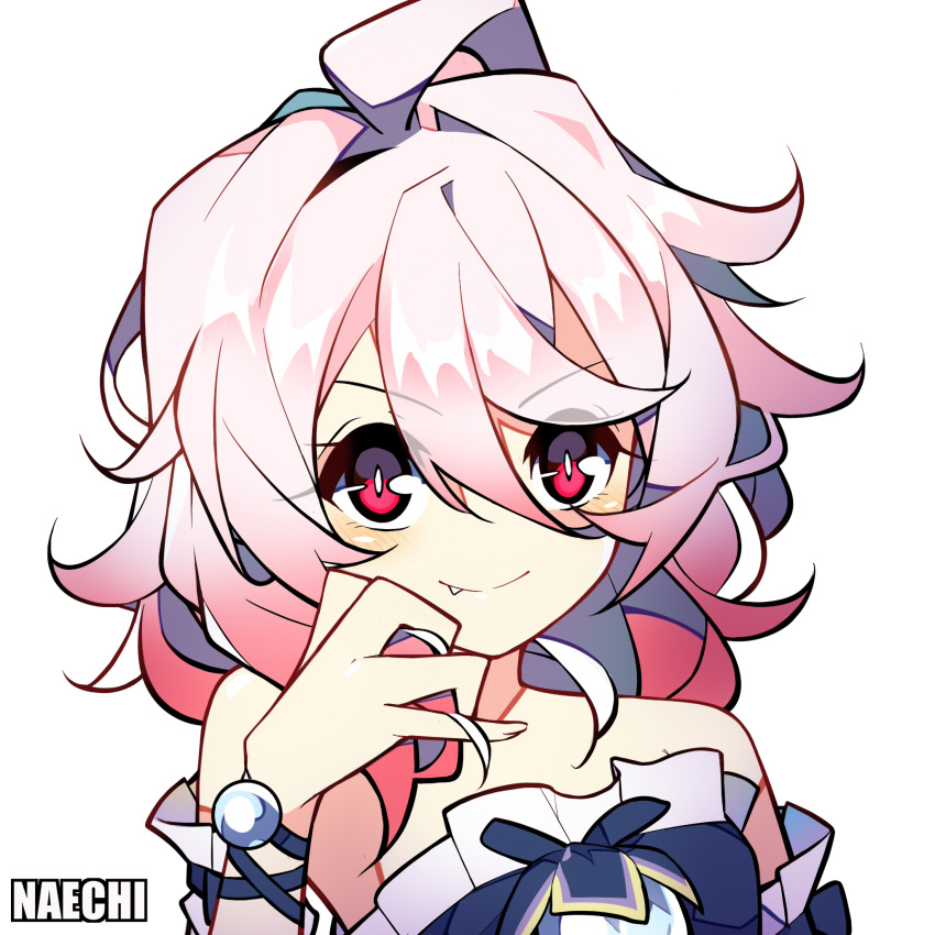 1girl, bare_shoulders, blush, elsword, eyebrows_visible_through_hair, eyelashes, fang, gem, gradient_hair, highres, laby_(elsword), multicolored_hair, naechi_(rayichan), short_hair, smile