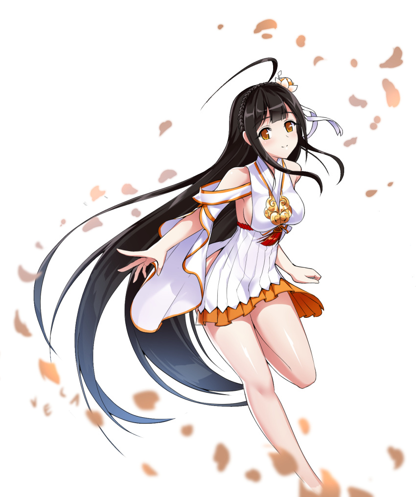 1girl, ahoge, apsara_(elsword), ara_han, bare_shoulders, breasts, elsword, eyebrows_visible_through_hair, eyelashes, hair_ornament, hairpin, highres, long_hair, petals, sideboob, smile, thighs, veca