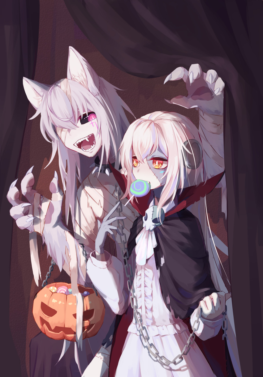 1109285578, 1girl, absurdres, add_(elsword), candy, chains, cloak, cosplay