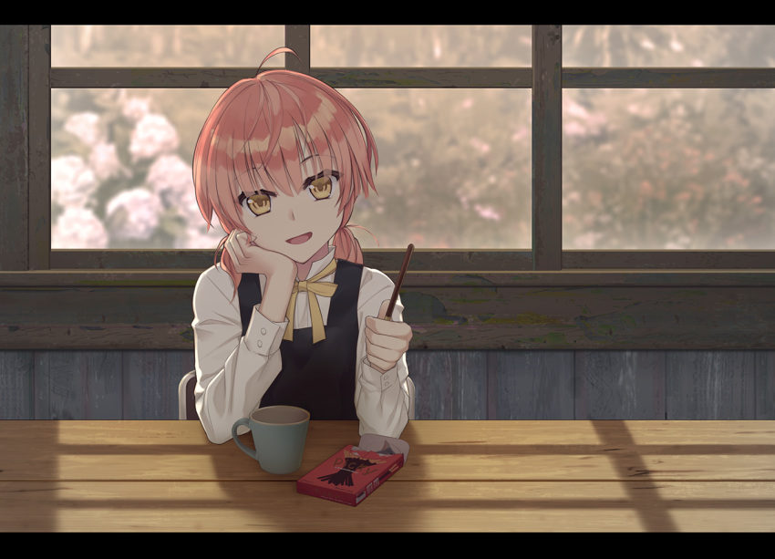 1girl, :d, akai_ronii, black_dress, bow, brown_hair, collared_shirt, commentary