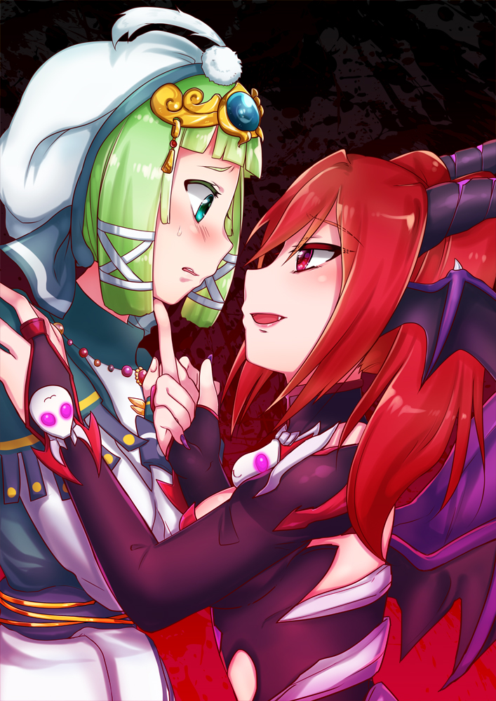 2girls, anduran_(elsword), aqua_eyes, blush, demon_girl, elsword, eyebrows_visible_through_hair, fang