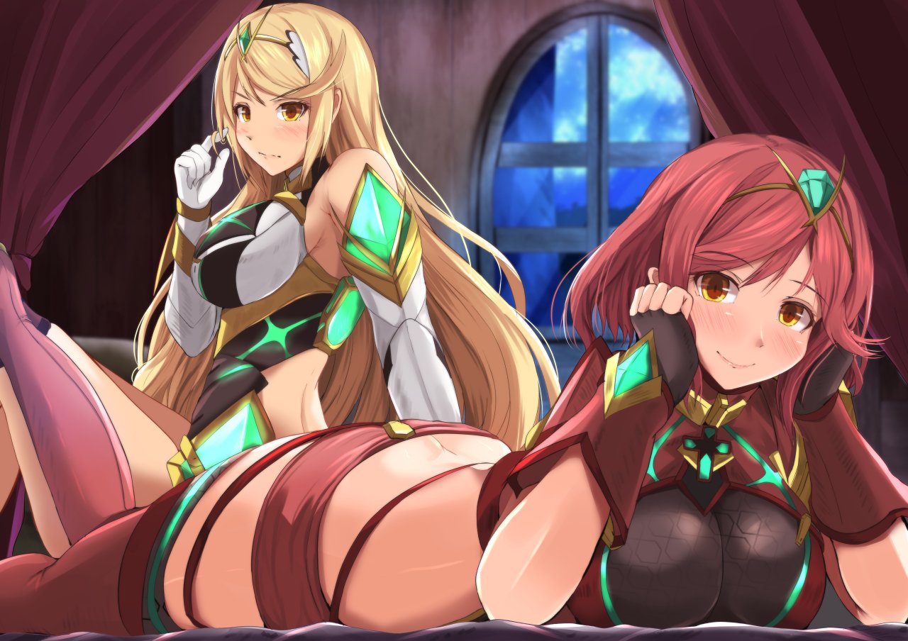 2girls, armor, bangs, bed, blonde_hair, blush, breasts, cleavage