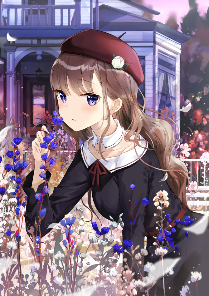 1girl, balcony, bangs, belt, beret, black_dress, blue_eyes, blue_flower