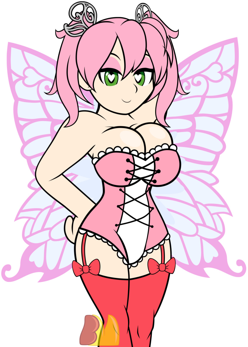 alternate_breast_size, alternate_clothes, cleavage, corset, cowboy_shot, garter_straps, green_eyes, heart-shaped_pupils, huniepop, kyu_sugardust, pink_hair, ribbon, wings