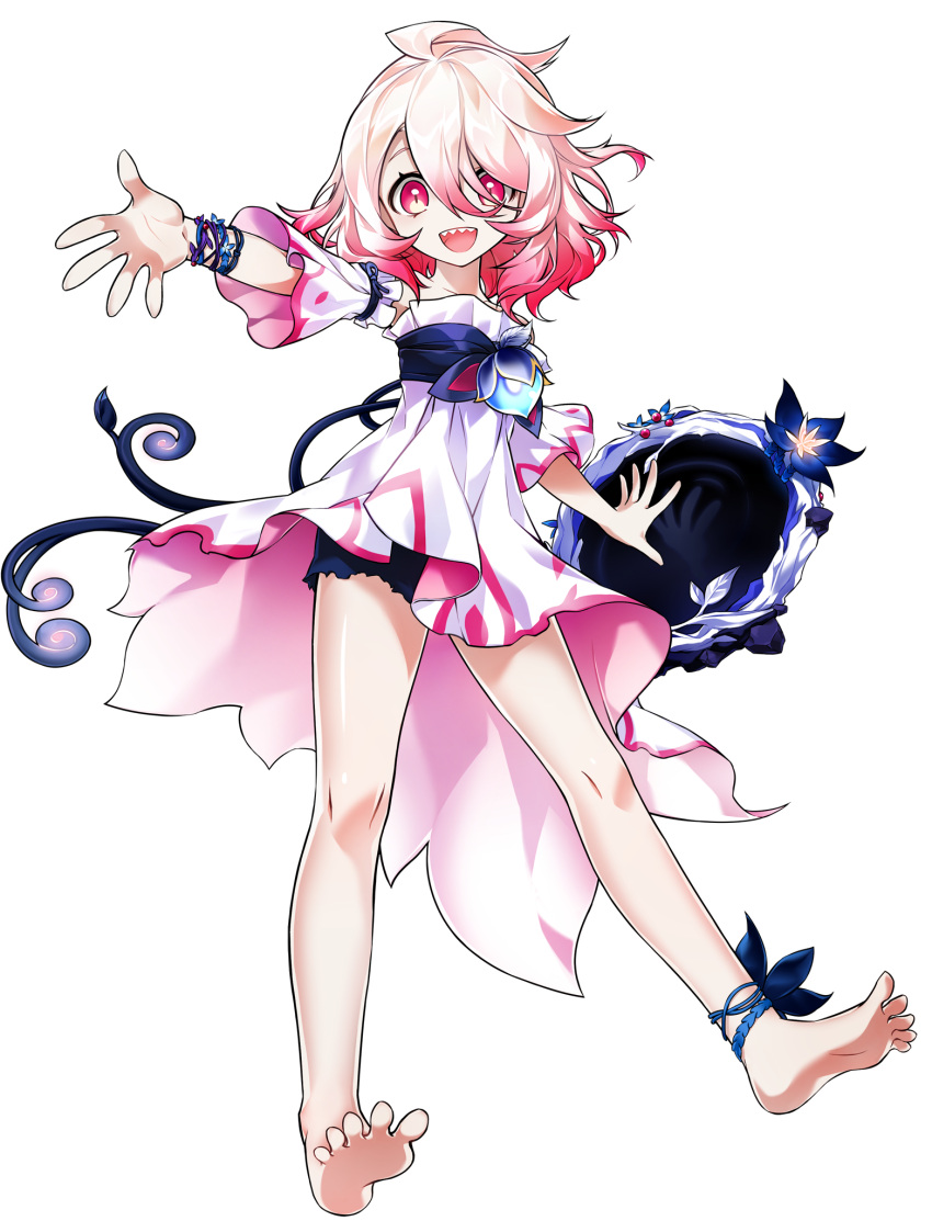 1girl, :d, ankle_flower, artist_request, bare_legs, barefoot, black_shorts, bracelet