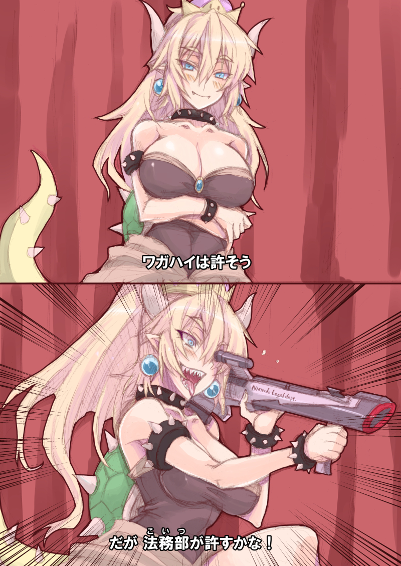 1girl, 2koma, black_collar, black_dress, blonde_hair, blue_earrings, blush, borrowed_design