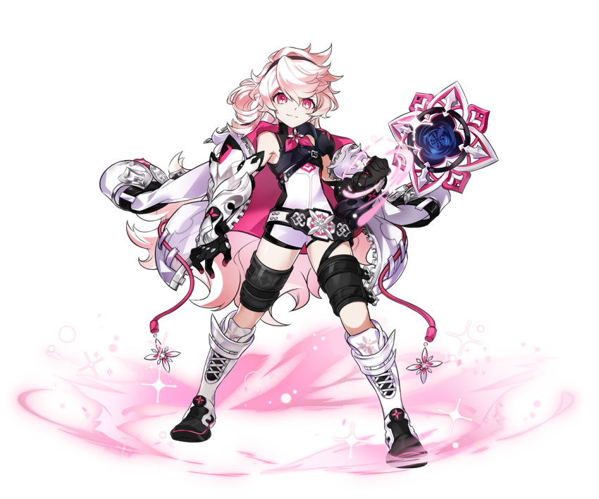 1girl, armor, artist_request, black_gloves, black_hairband, boots, clenched_hand, closed_mouth