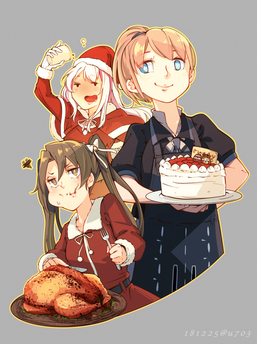 anbo, blue_eyes, brown_hair, cake, christmas, drunk, eating, food