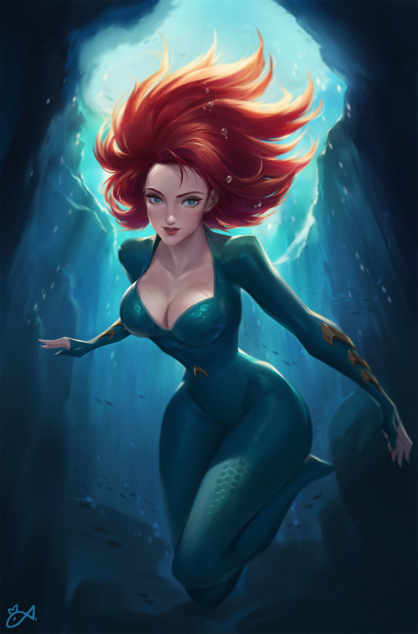 1girl, absurdres, air_bubble, aquaman_(series), blue_eyes, blurry, bodysuit, breasts, bubble, citemer, cleavage, collarbone, dc_comics, depth_of_field, emblem, fish, flowing_hair, highres, long_hair, looking_at_viewer, medium_breasts, mera_(dc), ocean, parted_lips, redhead, rock, scales, slender_waist, smile, solo, superhero, underwear