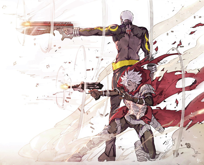 2boys, ammunition, armor, back-to-back, bayonet, calico_m950, cloak, dark_skin, dark_skinned_male, emiya_alter, emiya_kiritsugu, emiya_kiritsugu_(assassin), fate/grand_order, fate_(series), firing, gun, highres, holster, kanshou_&amp;_bakuya, kouya_(kyk428), male_focus, multiple_boys, one_knee, weapon, white_hair