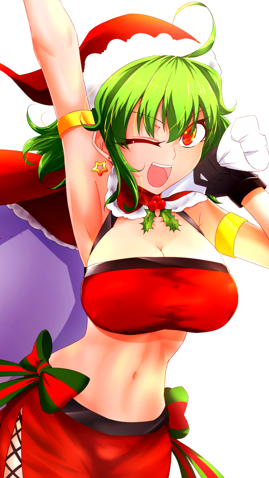 1girl, ;d, ahoge, alternate_costume, arm_up, armlet, armpits, bandeau