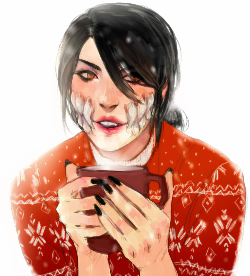 1girl, alternate_hairstyle, black_hair, black_nails, brown_eyes, casual, christmas, christmas_sweater