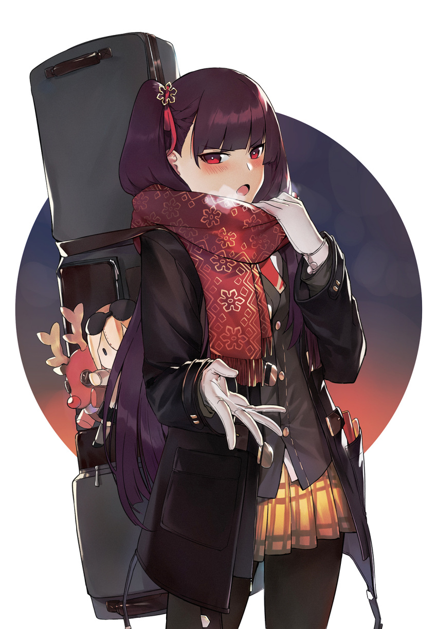 1girl, adjusting_scarf, alternate_costume, bangs, black_coat, black_skirt, blush, breasts