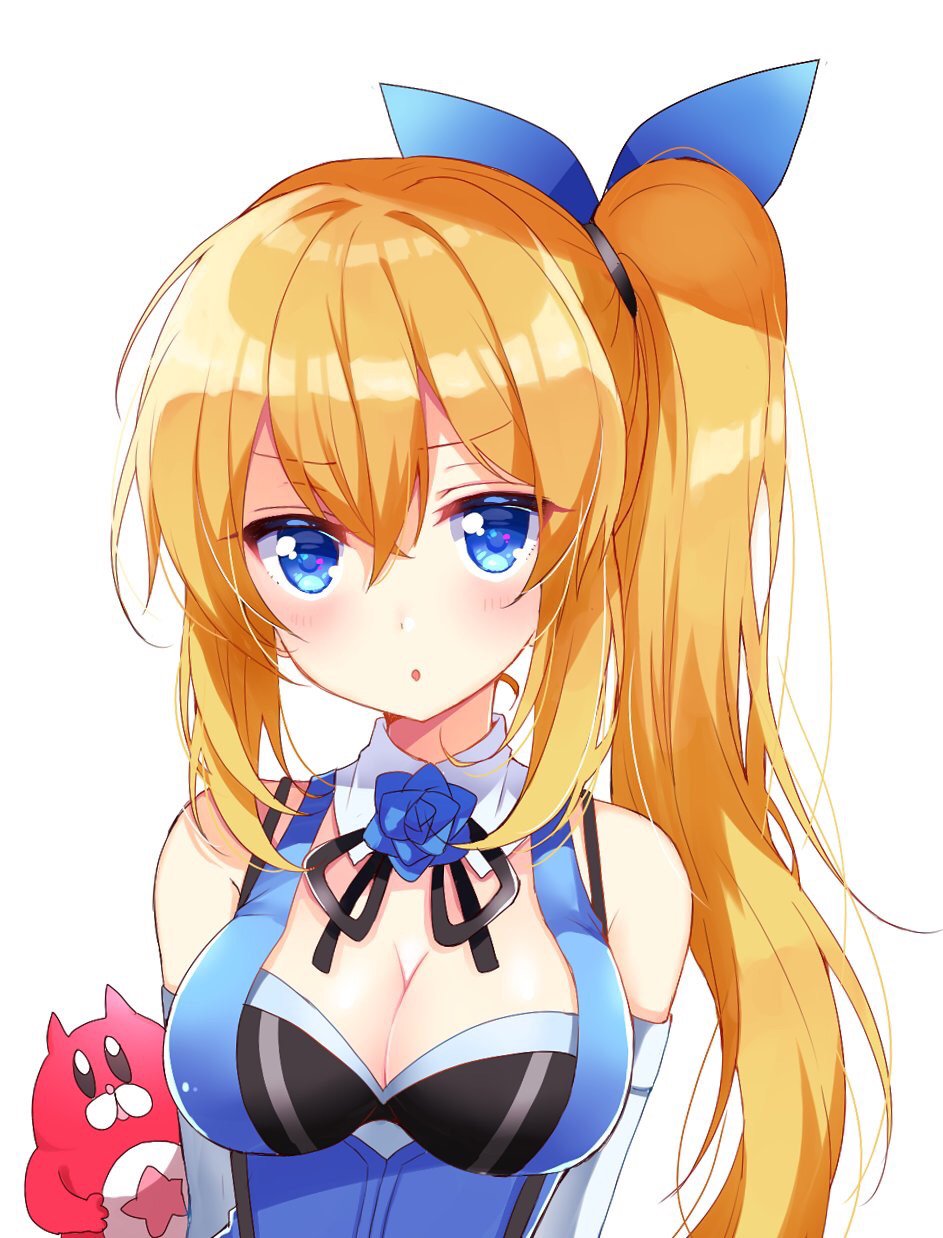 1girl, :o, bangs, black_neckwear, blonde_hair, blue_eyes, blue_flower, blue_ribbon