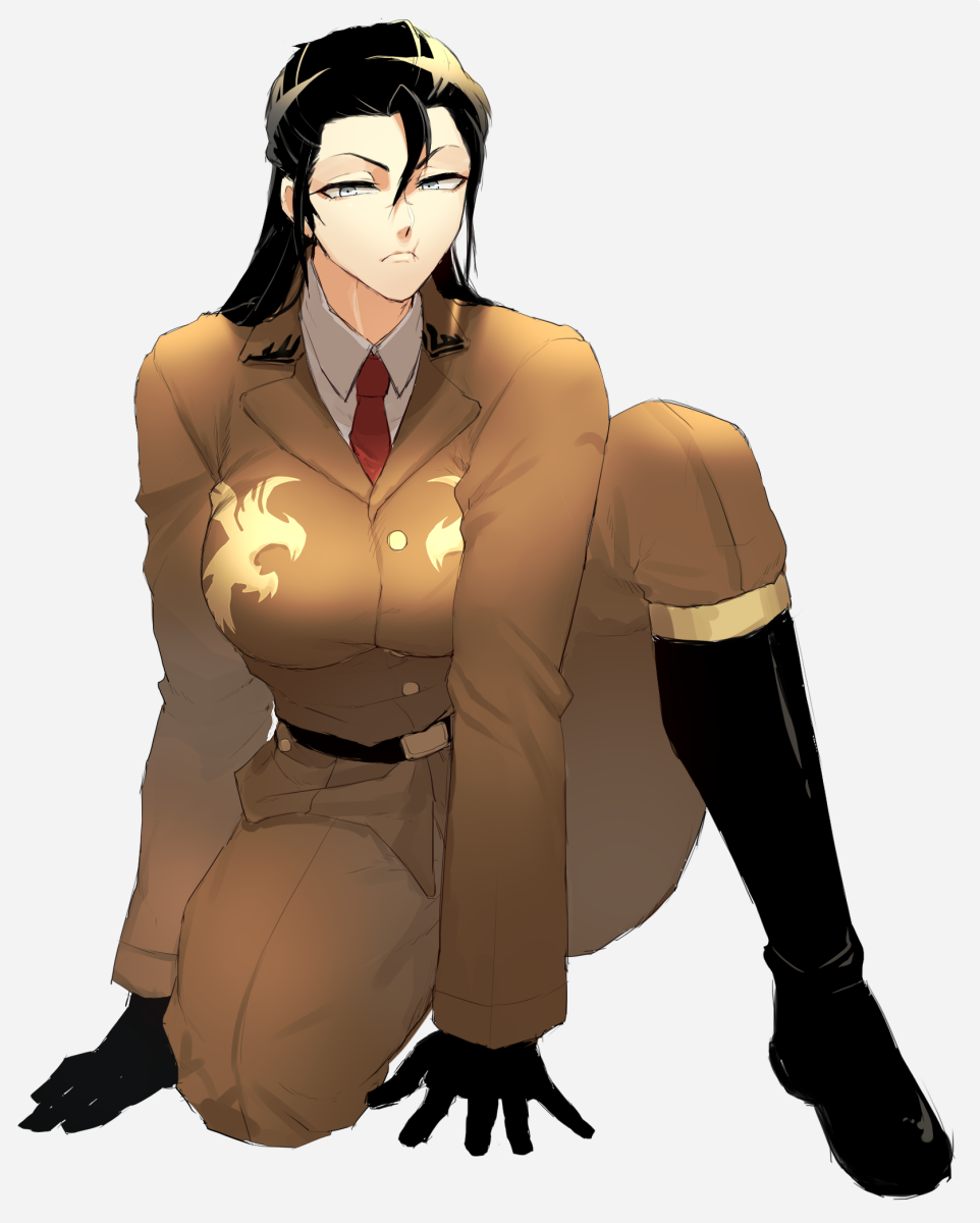 1girl, belt, black_gloves, black_hair, boots, breasts, closed_mouth, genderswap