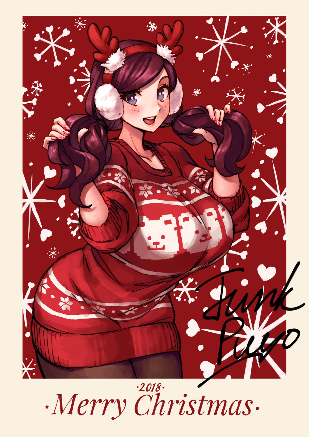 1girl, antlers, beryl_(junkpuyo), breasts, christmas, christmas_sweater, earmuffs, happy