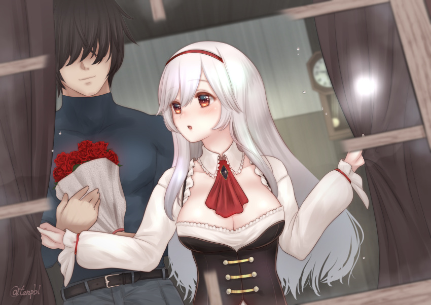 1boy, 1girl, anna_(sennen_sensou_aigis), artist_name, belt, blush, bouquet, breasts