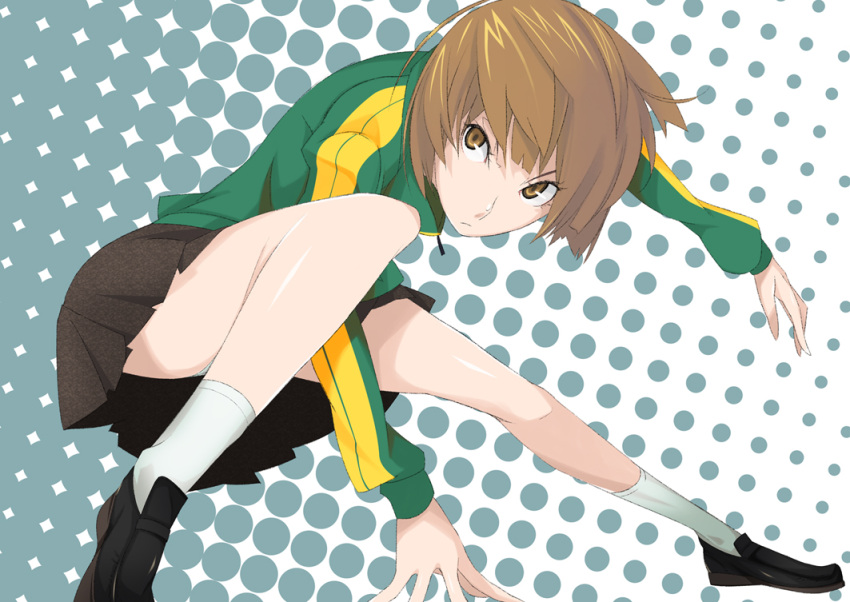 brown_hair, fighting_stance, furo_q, ghost-q, jacket, panties, pantyshot, persona, persona_4, satonaka_chie, short_hair, skirt, socks, underwear