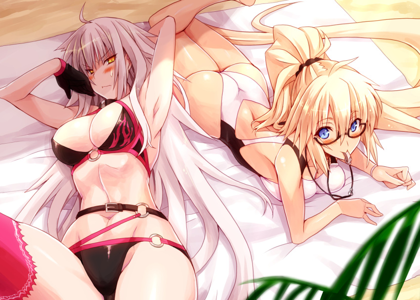 2girls, absurdly_long_hair, ahoge, armpits, ass, beach, beach_towel, belt