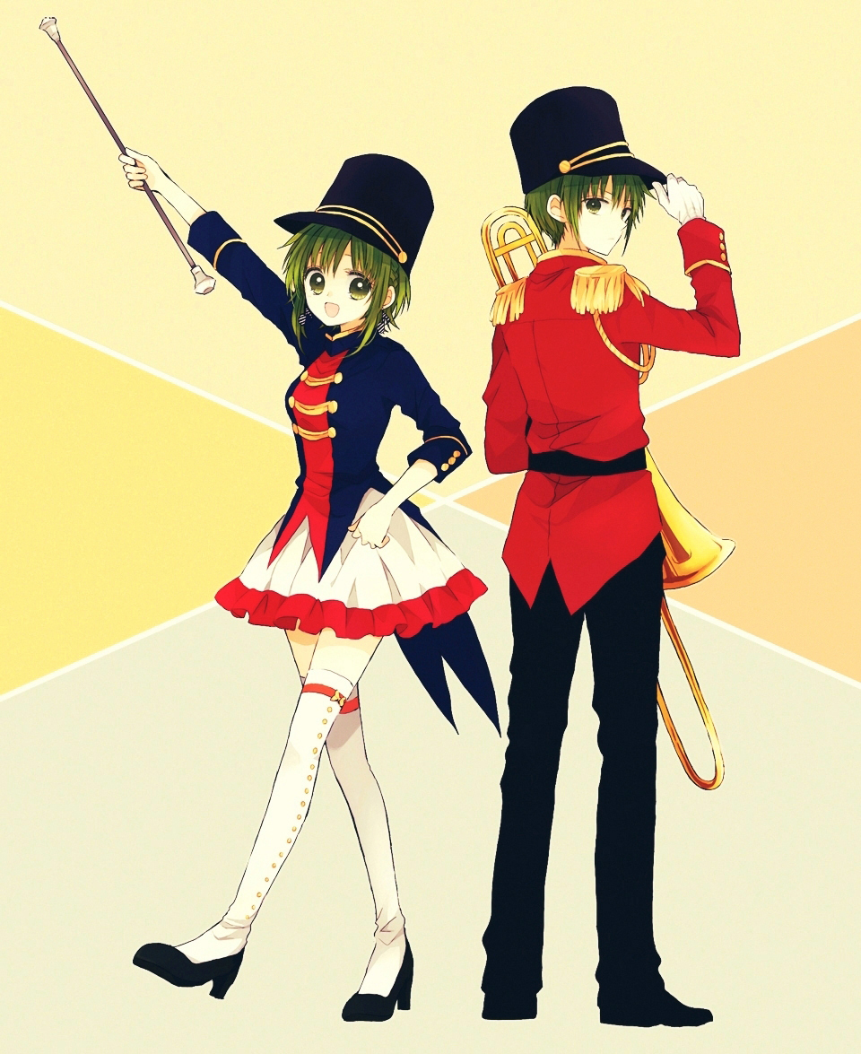 1boy, 1girl, :d, adjusting_clothes, adjusting_hat, anzu_(o6v6o), arm_up, band_uniform