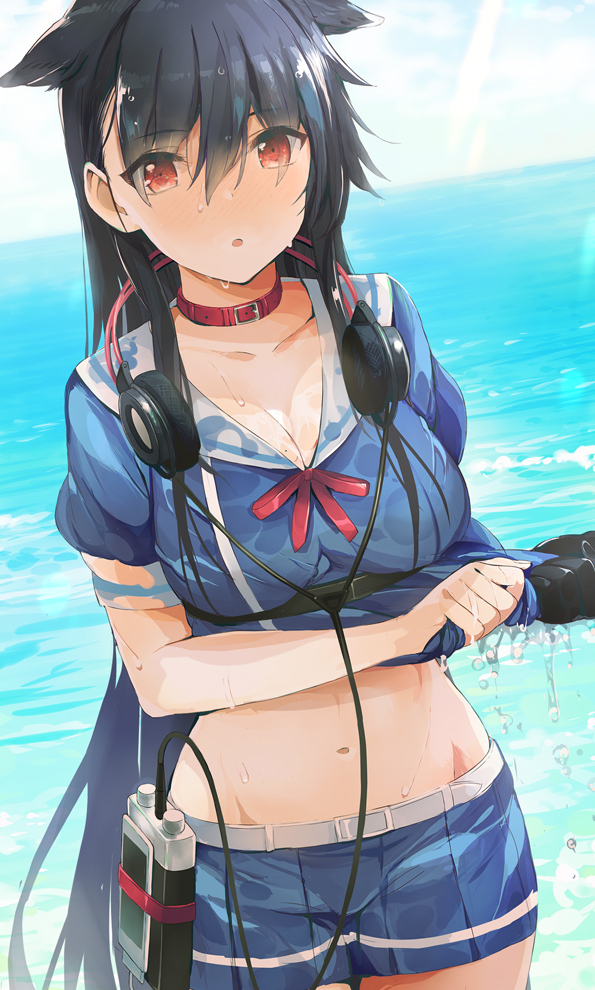 1girl, animal_ears, ashigara_(azur_lane), azur_lane, black_hair, blue_shirt, blue_skirt, blue_sky