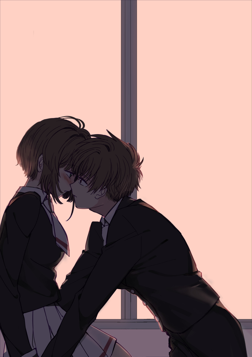 1boy, 1girl, absurdres, antenna_hair, arm_support, backlighting, bangs, black_blouse, black_jacket, black_pants, blouse, blush, brown_eyes, brown_hair, card_captor_sakura, classroom, closed_mouth, commentary_request, eyebrows_visible_through_hair, from_side, half-closed_eyes, hetero, highres, imminent_kiss, indoors, jacket, jidou_neko, kinomoto_sakura, leaning_forward, li_xiaolang, looking_at_another, miniskirt, neckerchief, pants, parted_lips, partial_commentary, pleated_skirt, print_skirt, school_uniform, short_hair, single_horizontal_stripe, sitting, skirt, standing, tomoeda_middle_school_uniform, twilight, white_neckwear, white_skirt, window