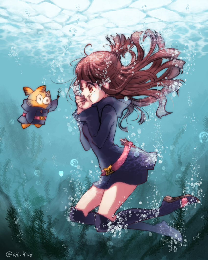 1girl, 75, belt, black_dress, blue_footwear, boots, brown_eyes, brown_hair